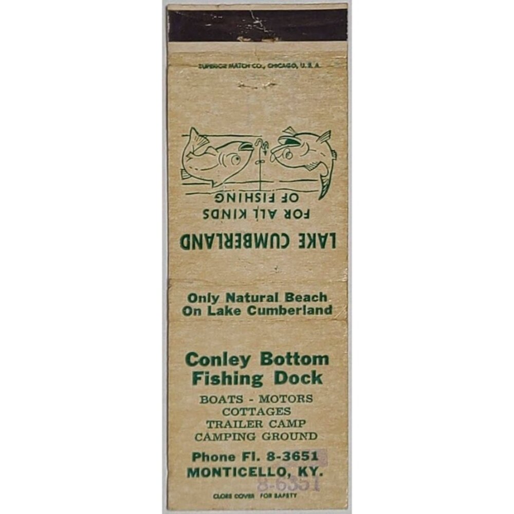 Vintage Matchbook Cover Conley Bottom Fishing Dock Monticello KY Lake Cumberland